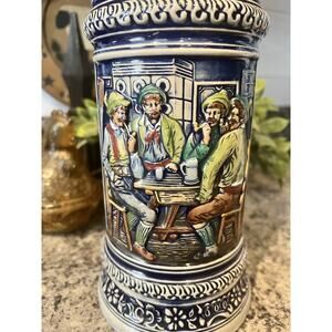 Vintage 9” Gertz German Beer Stein Mug Pewter Lid A Friendly Chat Tavern Scene